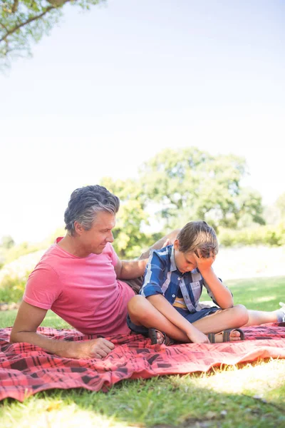 Father consoling his son at picnic in park Royalty Free Stock Images
