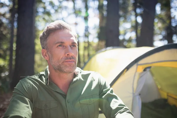 Doordachte volwassen man op zonnige dag in het bos — Stockfoto