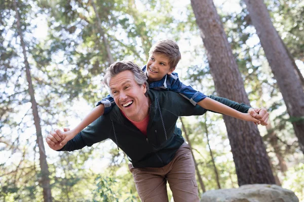 Pai alegre piggybacking filho na floresta — Fotografia de Stock