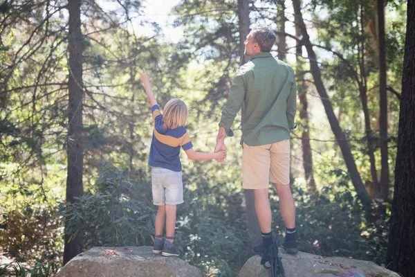 Boy pointing way while standing with father — Stock Photo, Image