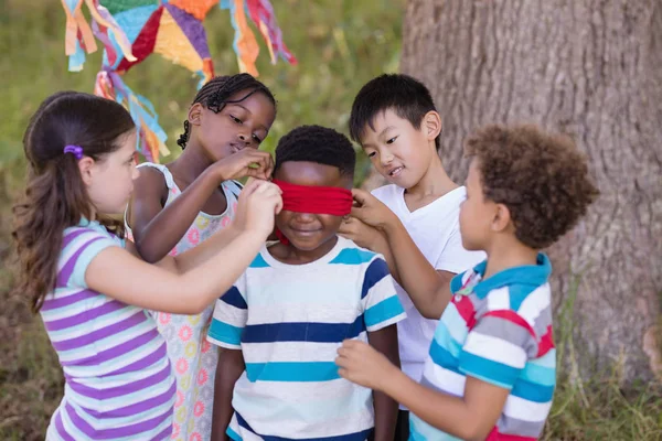 Grupo de amigos vendando los ojos chico — Foto de Stock