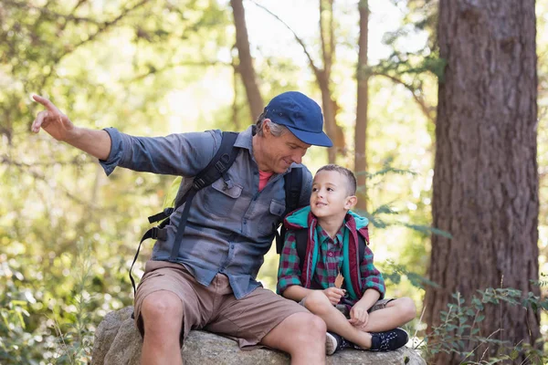 Vater und Sohn sitzen auf einem Felsen und zeigen weg — Stockfoto