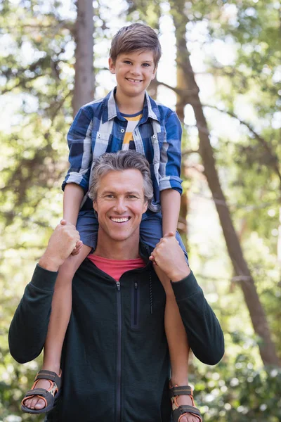 Apa és fia piggybacking erdő — Stock Fotó