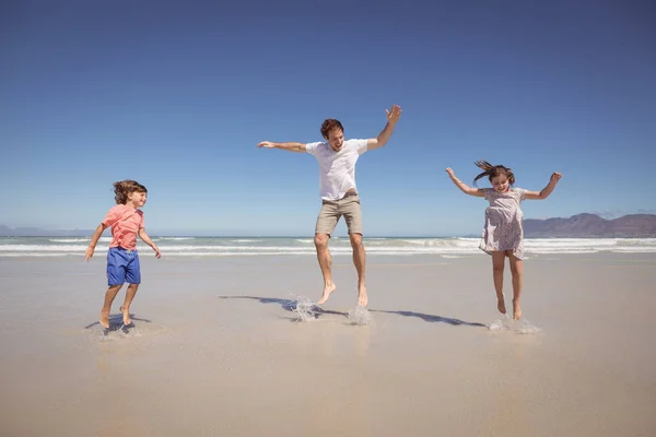 Vader met kinderen springen op oever — Stockfoto