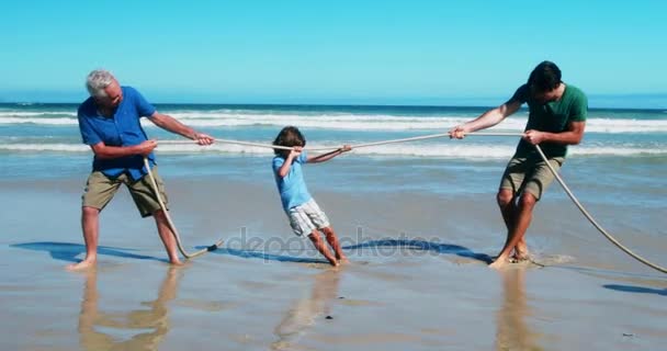 Família jogando rebocador de guerra na praia — Vídeo de Stock