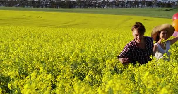 Pareja romántica sosteniendo globos de colores y corriendo en el campo de mostaza — Vídeos de Stock