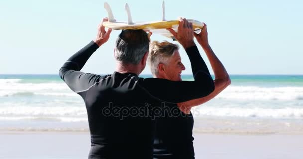 海に向かって歩きながら頭からサーフボードを運ぶシニア カップル — ストック動画