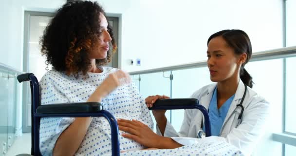 Doctor interacting with pregnant woman in corridor — Stock Video