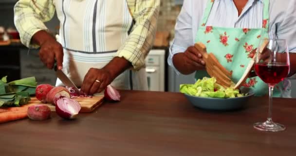 Старший мужчина режет овощи, а женщина готовит салат на кухне — стоковое видео