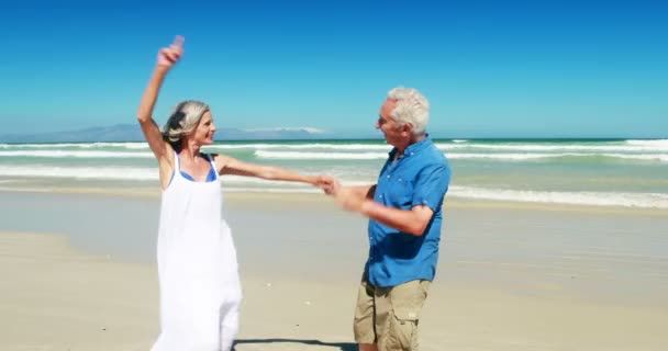 Couple sénior jouissant ensemble à la plage — Video