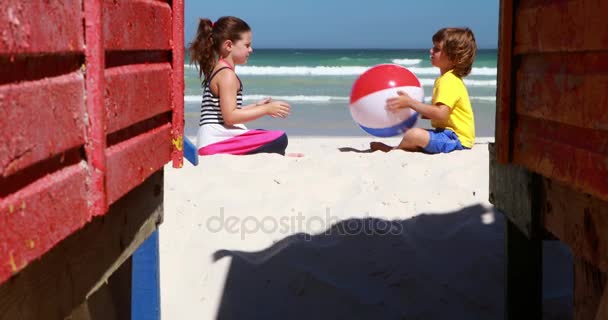 Güneşli bir günde kumsalda oynarken kardeşler — Stok video