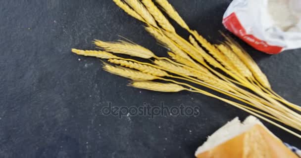 Baguette, wheat grains and flour — Stock Video