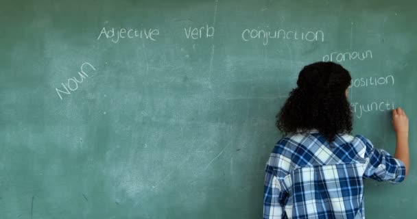 Bakifrån av Skolflicka som låtsas vara en lärare i klassrummet — Stockvideo