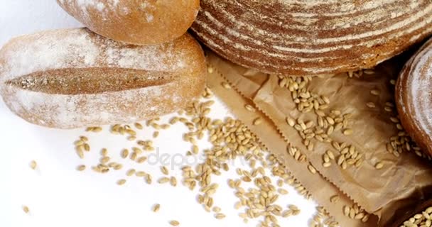 Различные хлебные хлебы с зерном пшеницы — стоковое видео
