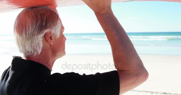 Hombre mayor en traje de neopreno llevando tabla de surf sobre la cabeza — Vídeo de stock