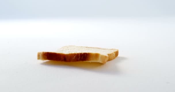 Einzelne Brotscheibe auf weißem Hintergrund — Stockvideo