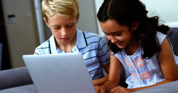 Irmãos usando laptop na sala de estar — Vídeo de Stock