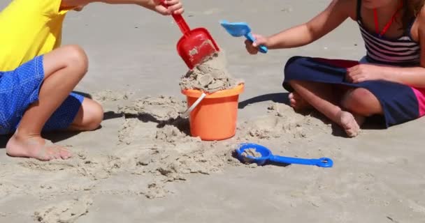 Hermanos jugando en la playa en un día soleado — Vídeo de stock