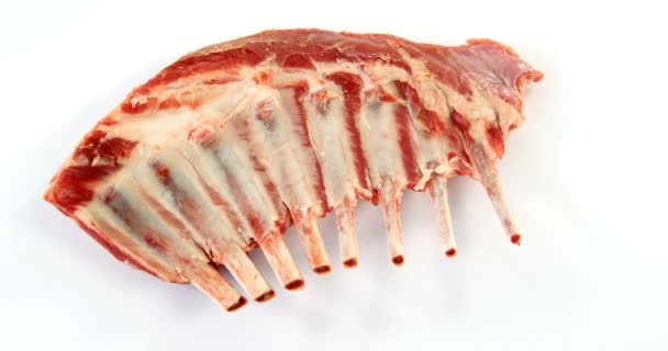 Costillas de ternera cruda sobre fondo blanco — Vídeo de stock