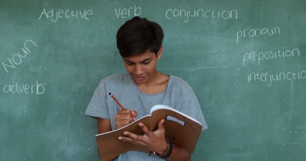 Írás jegyzetfüzet ellen zöld Palatábla iskolás portréja — Stock videók