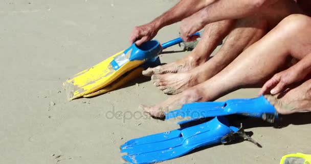年长的夫妇在海滩上穿脚蹼 — 图库视频影像