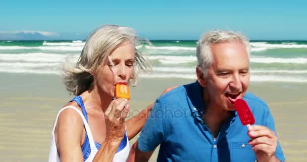 Starší pár těší spolu na pláži — Stock video