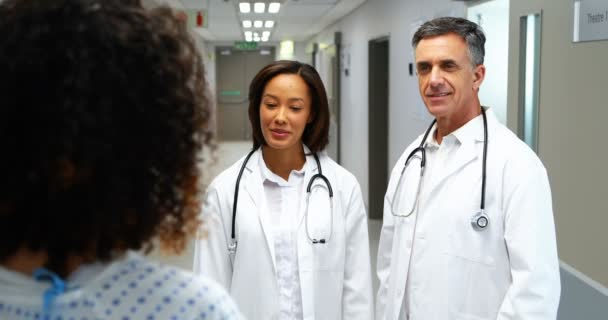 Médecins interagissant avec la femme enceinte dans le couloir — Video