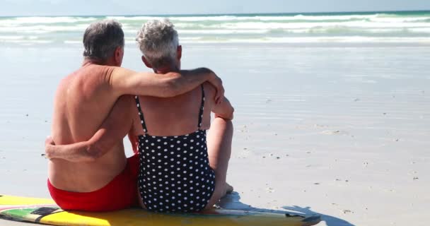 Starší pár sedí na pláži — Stock video