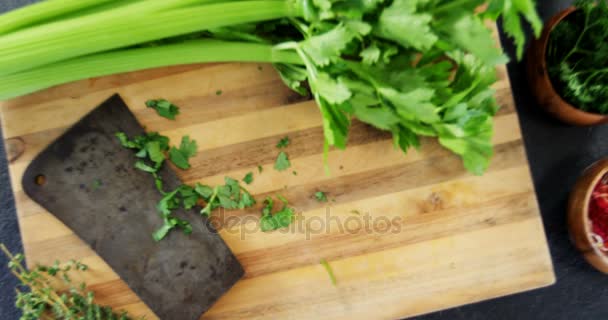 Herbes et planche de bois sur fond de béton — Video