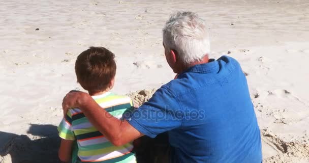 Dziadek i wnuk interakcji z innymi na plaży — Wideo stockowe