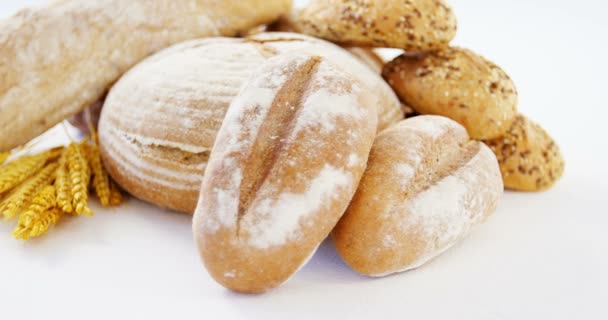 Varios tipos de panes con granos de trigo — Vídeo de stock