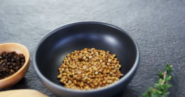 Semillas de cilantro, pimienta negra, hierbas de romero y tabla de madera — Vídeo de stock