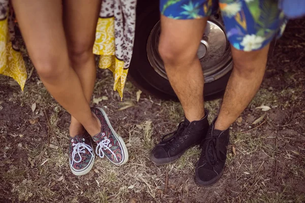 Amigos de pie junto a la camioneta en el campo —  Fotos de Stock