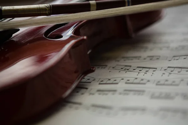 Скрипка с нотами на столе — стоковое фото