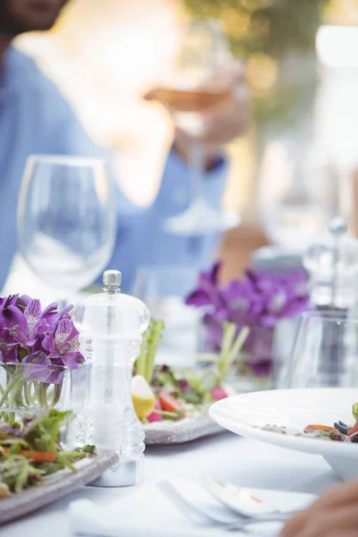 Meal, salt and pepper shaker on table — Stock Photo, Image