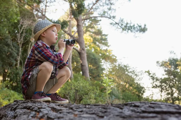 Chlapce, který seděl na kmen stromu s dalekohledem — Stock fotografie