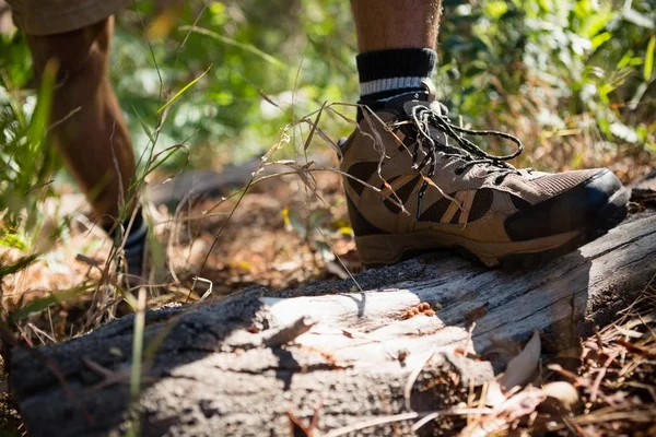 Man standing with his feet on wood log — Stock Photo, Image