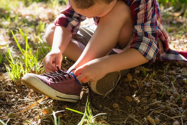 De gelijkmakende schoenveter jongen in het bos — Stockfoto