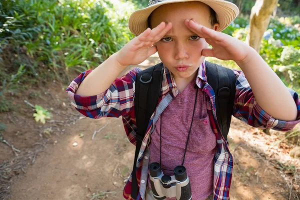 Lekfulla pojken gestikulerande i skogen — Stockfoto