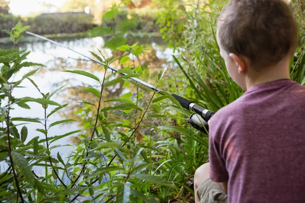 Boy fishing in the river in forest — Stock Photo, Image