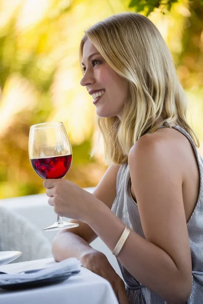 Mulher atraente segurando copo de vinho tinto — Fotografia de Stock