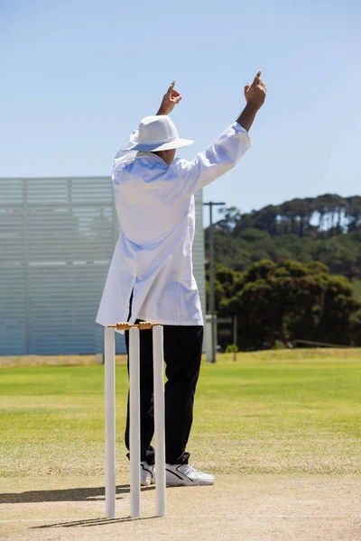 Cricket umpire sinalizando seis corridas durante a partida — Fotografia de Stock