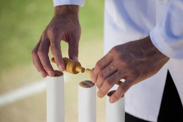 Árbitro colocando fianças em tocos de críquete — Fotografia de Stock