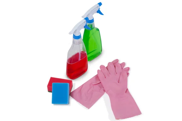 Wasmiddel spray-flessen en rubberen handschoen — Stockfoto