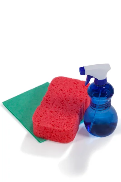 Detergent spray bottle and wipe pad — Stock Photo, Image