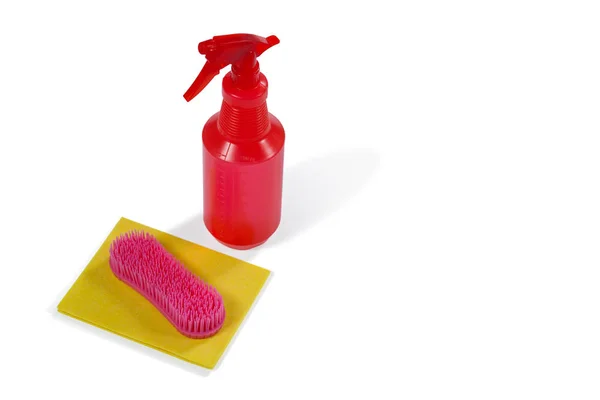 Cleaning spray bottle with sponge and brush — Stock Photo, Image