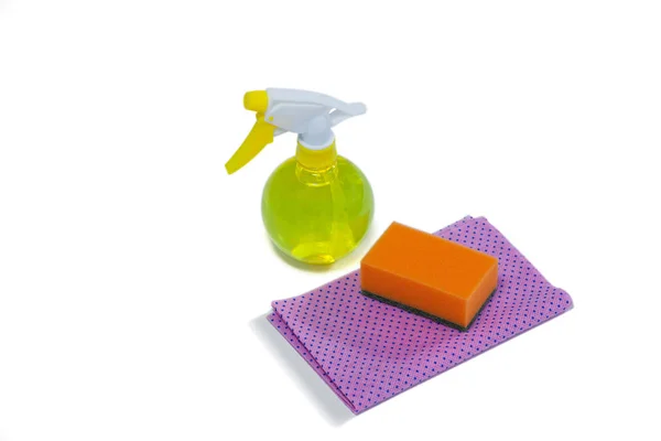 Tisztító spray palackot szivacs — Stock Fotó