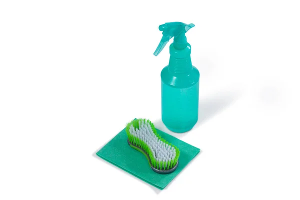 Cleaning spray bottle with sponge and brush — Stock Photo, Image