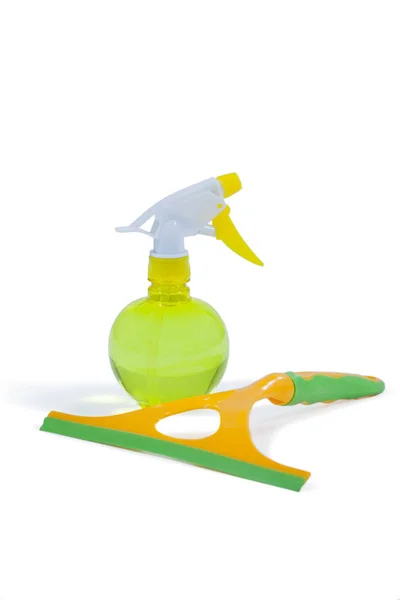 Detergent spray bottle and window squeegee — Stock Photo, Image