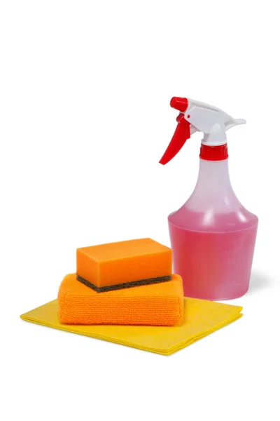 Detergent spray bottle with scouring pad — Stock Photo, Image